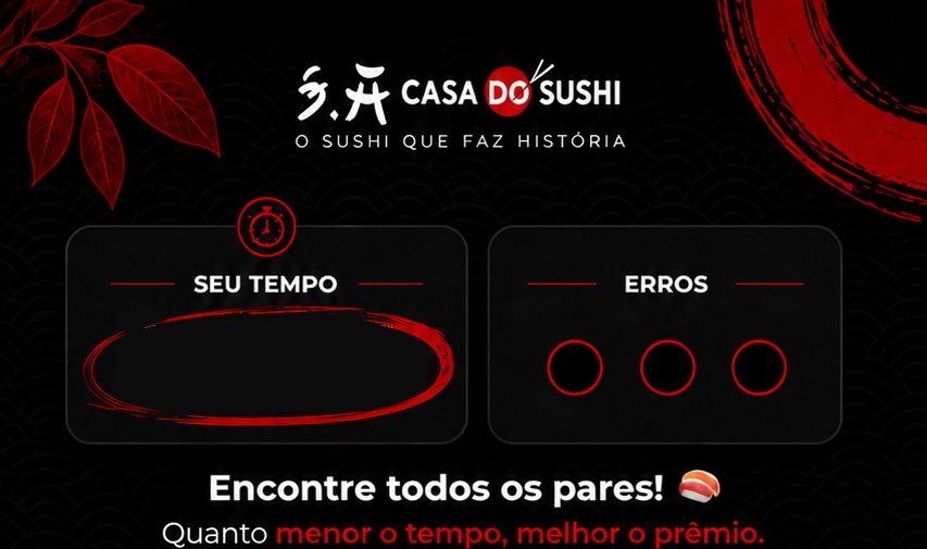 Seu tempo e erros. Encontre todos os pares! Quanto menor o tempo, melhor o prêmio.